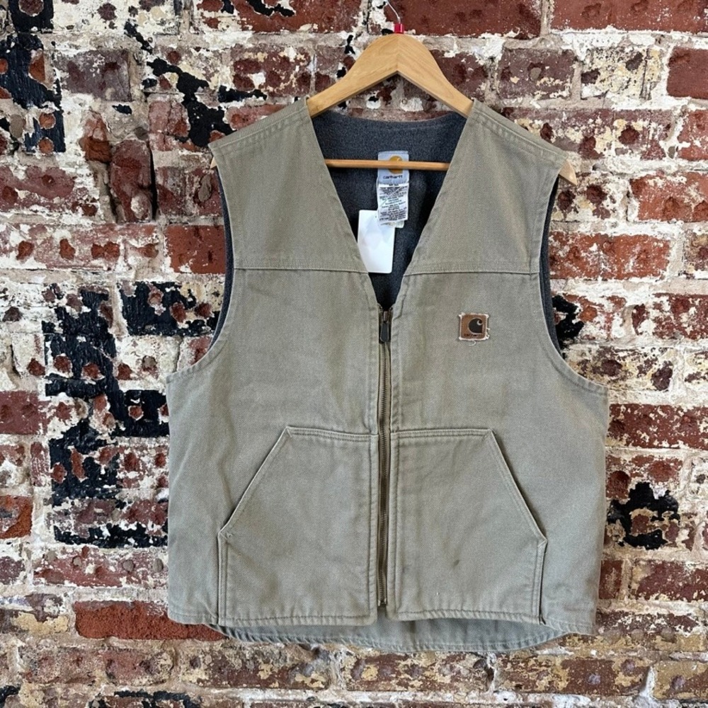 VTG Carhartt Vest Mens Large V19 TAN Canvas Fleece Lined Zip 2005